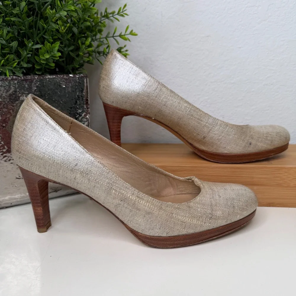 Stuart‎ Weitzman Pumps Womens Gold Metallic Linen Stacked Heel Classic 8M